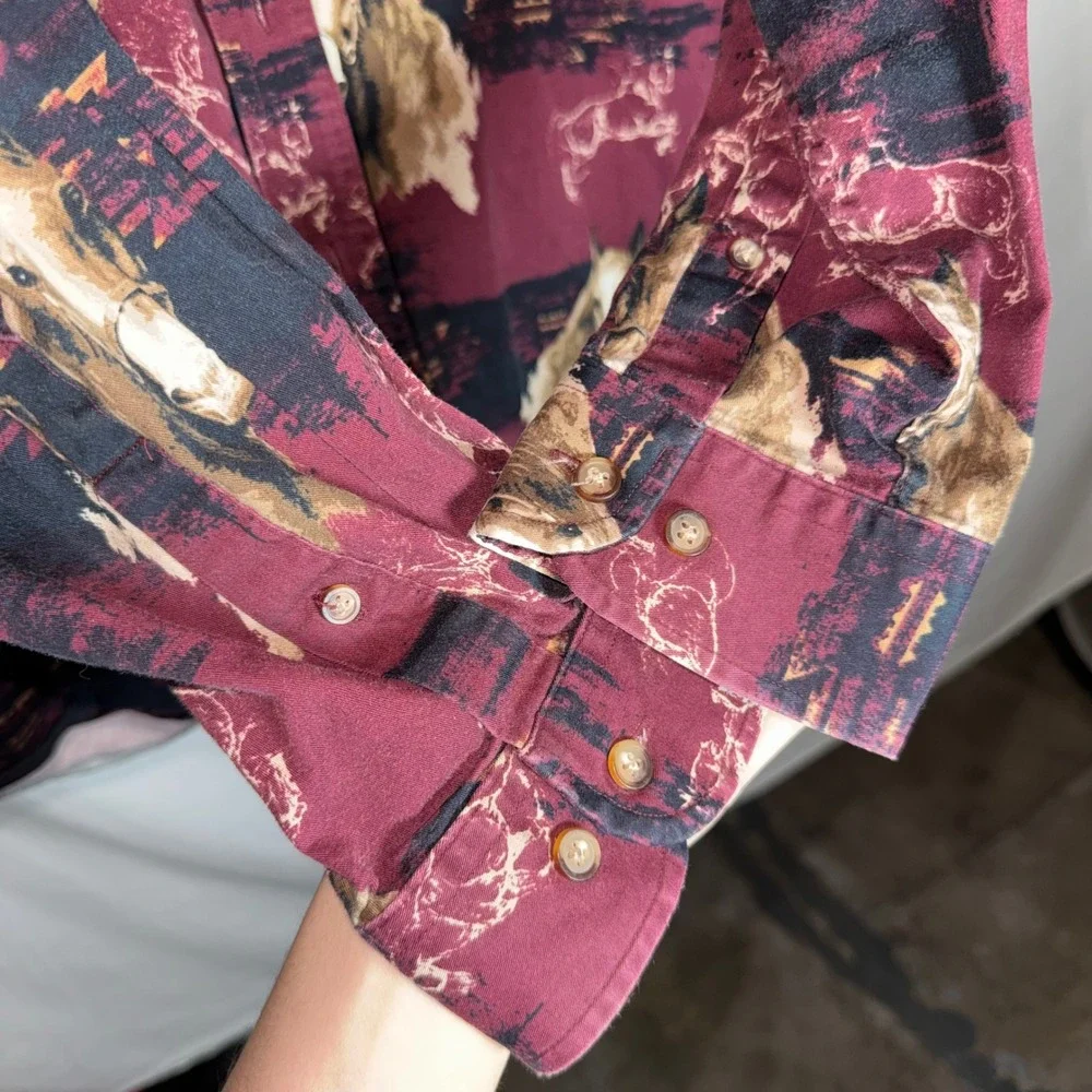 Vintage Mens Horse Print Button Down Shirt Burgundy Southwestern Western Large